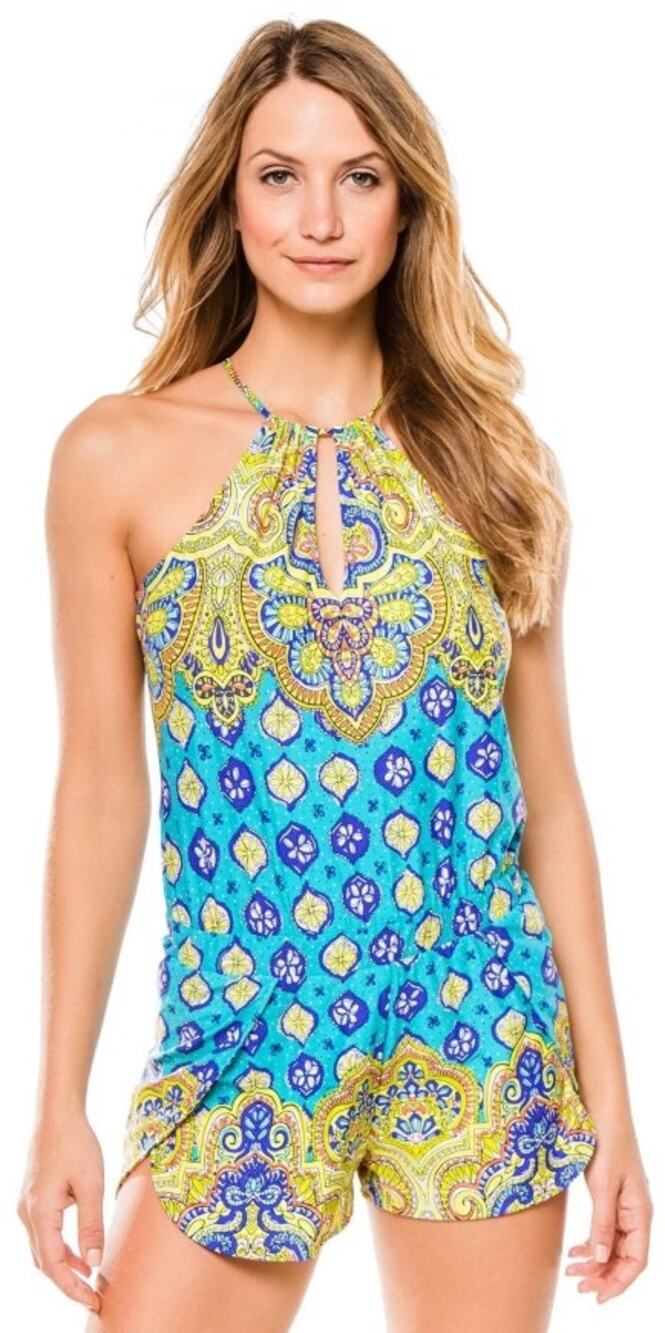 Trina Turk Corsica Romper Swim Coverup Turquoise Multicolor Print Size Small?